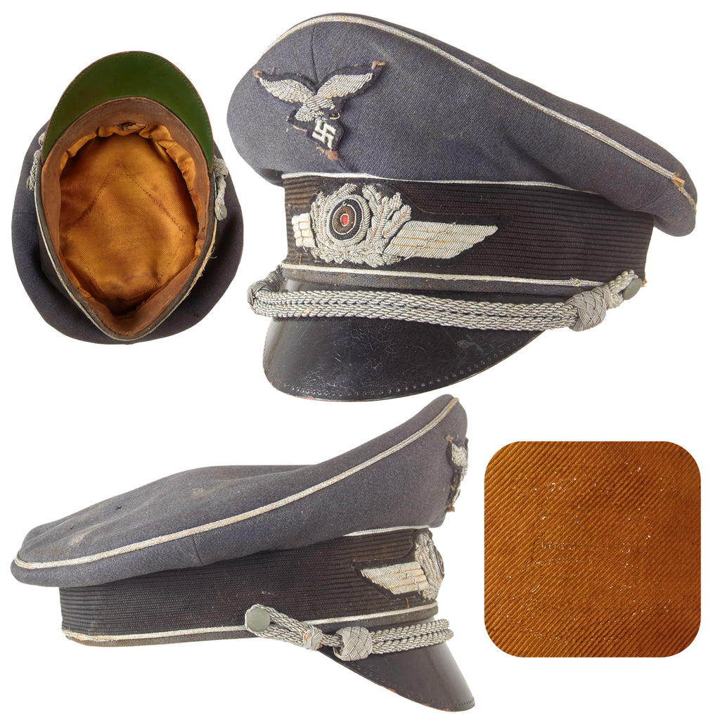 Original German WWII Luftwaffe Officer Schirmmütze Visor Crush Cap with Bullion Insignia, Measured Size 55cm