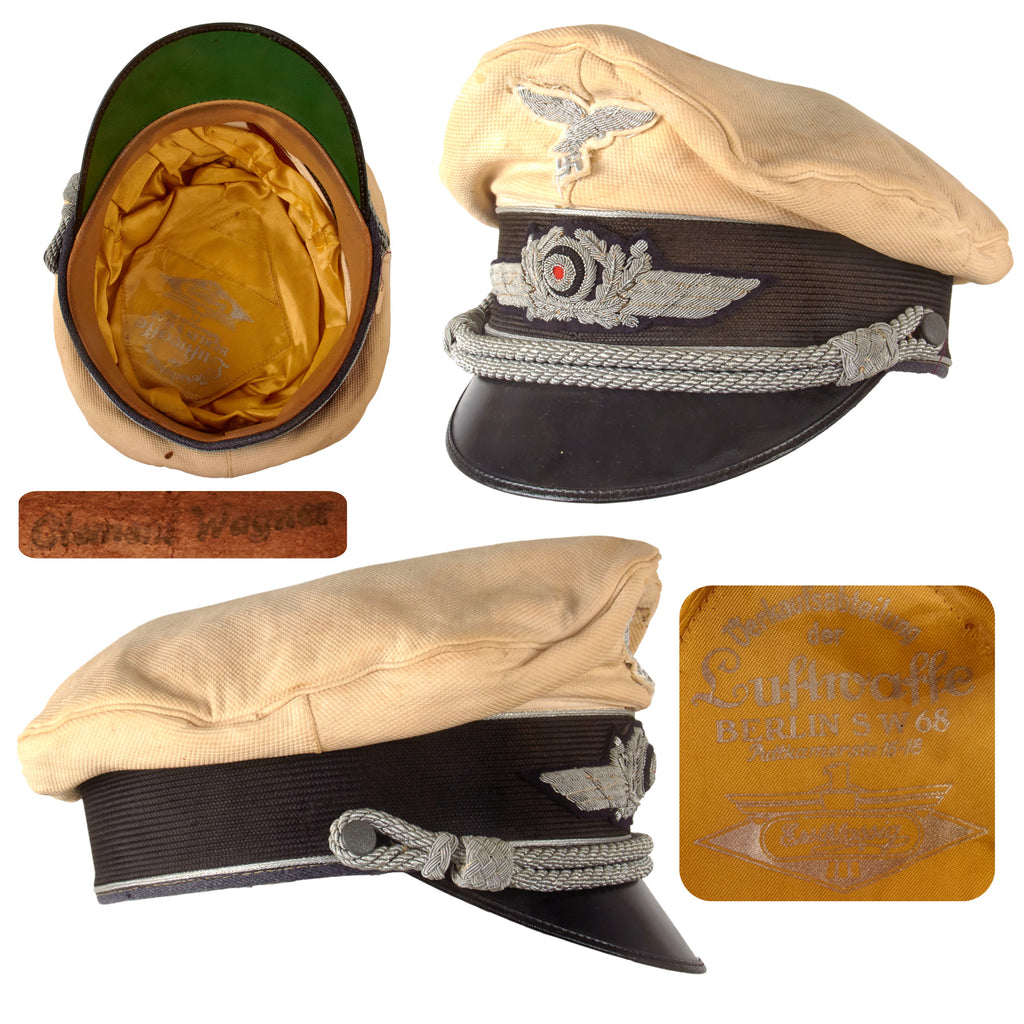 Original German WWII Luftwaffe Officer White Summer Weight Visor Cap with Embroidered Insignia Original Items