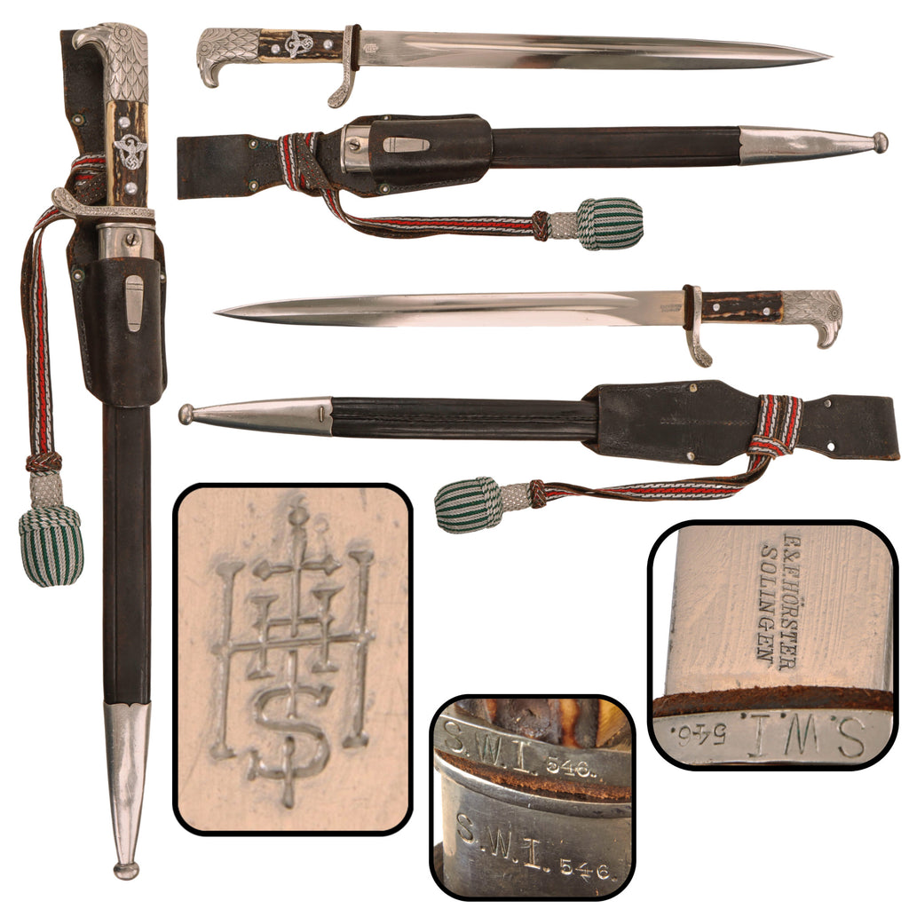 Original German WWII Wiesbaden Police Long Dress Bayonet by E. & F. Hörster with Matching Scabbard, Frog, and Troddel Original Items