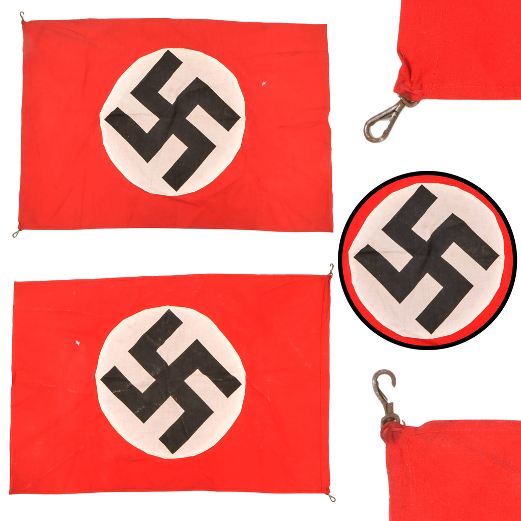 Original German WWII NSDAP Red Cotton Flag with Metal Hanging Hooks - 28 ½” x 19 ¼”