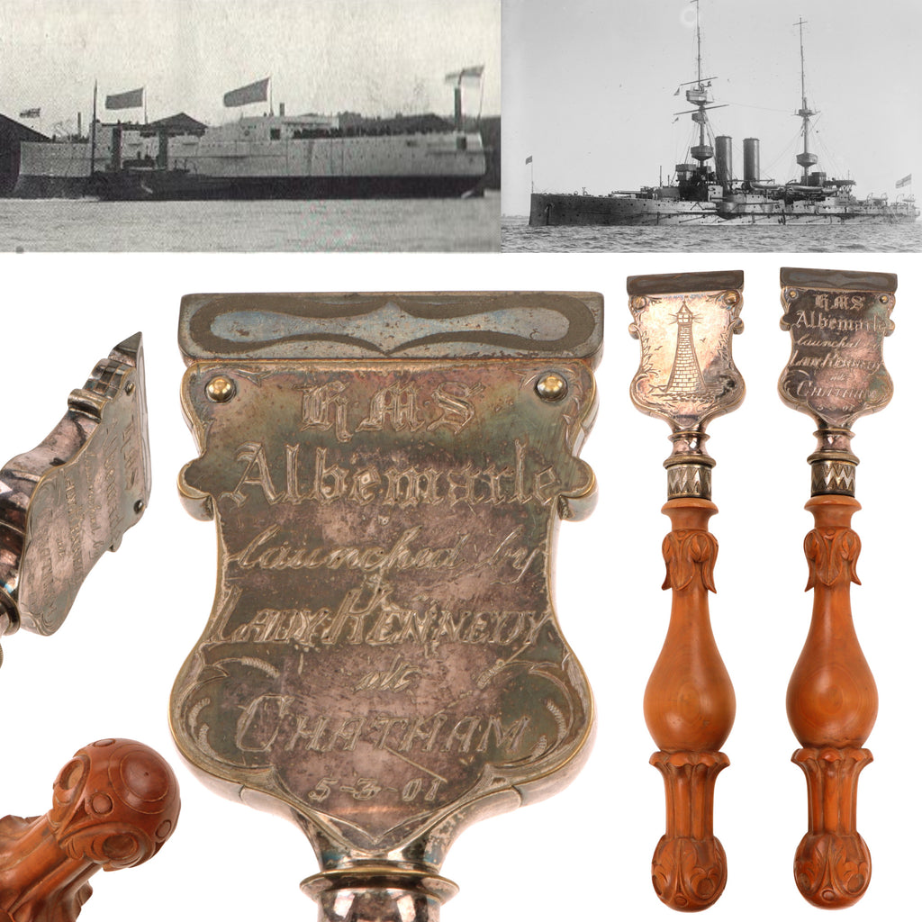 Original British Victorian Royal Navy HMS Albemarle Christening Mallet with Engraved Sterling Silver Head - Dated 1901