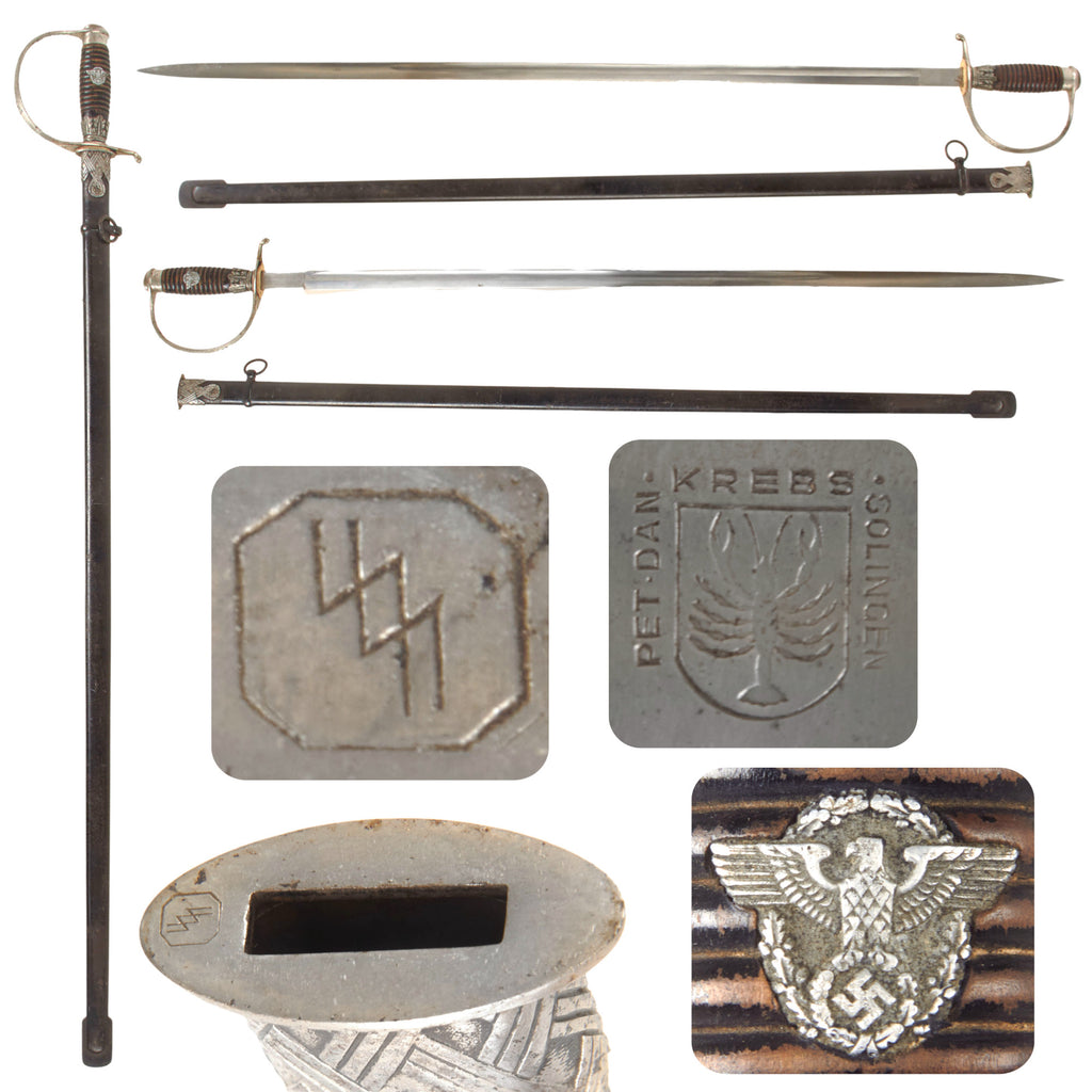 Original German WWII SS Police NCO Degen Dress Sword by Peter Daniel Krebs with Scabbard - SS-Kulturzeichen Markings Original Items