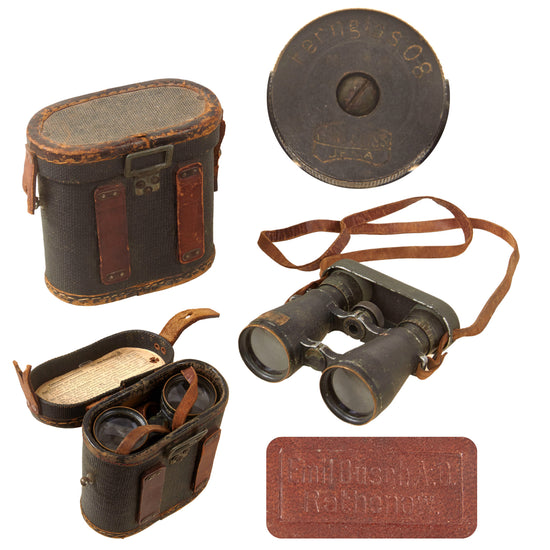 Original Imperial German WWI Fernglas 08 Binoculars by Carl Zeiss with Neck Strap & Ersatz Carrying Case by Emil Busch A.G. Original Items
