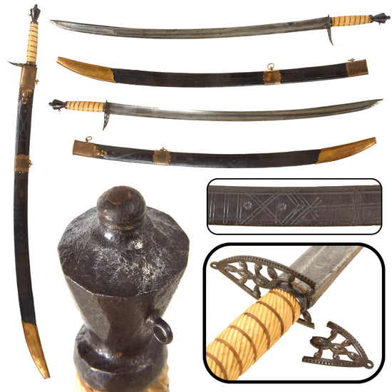 Original U.S. American Revolutionary War Era Officer’s Hunting Sword with Filigree Guard & Ivory Handle in Lovely Patterned Scabbard - Guard Broken