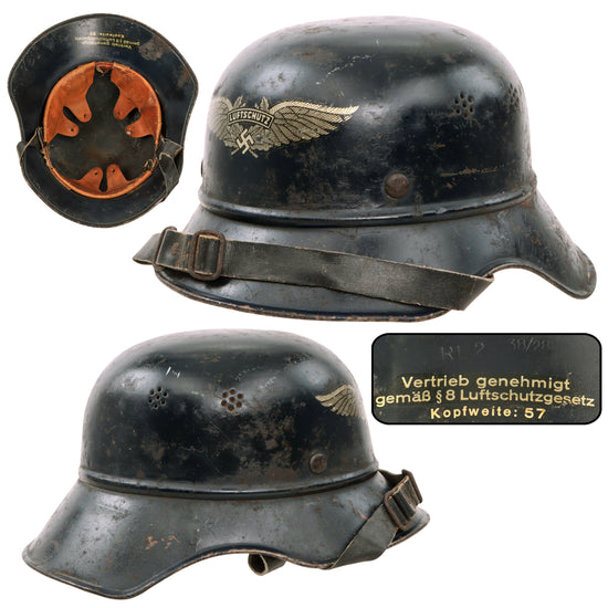 Original German WWII M38 Luftschutz Beaded Gladiator Air Defense Helmet with 57cm Liner, Broken Chinstrap and 1938 Contract Marking Original Items