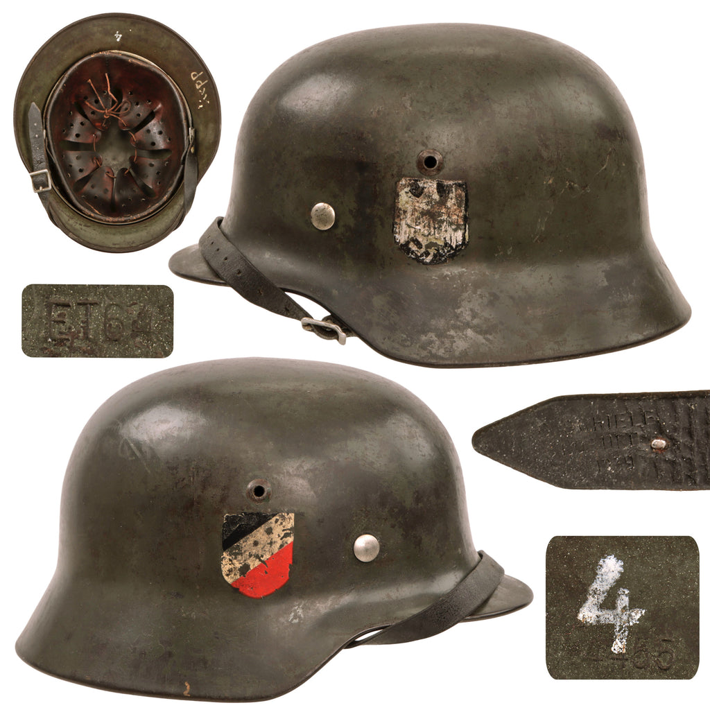 Original German WWII Heer Army M35 Double Decal Helmet with 1939 Dated 57cm Liner and Chinstrap - Stamped ET64 Original Items