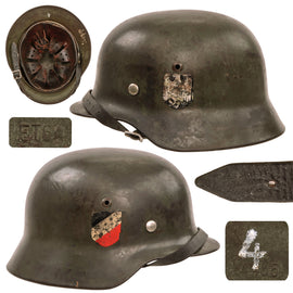 Original German WWII Heer Army M35 Double Decal Helmet with 1939 Dated 57cm Liner and Chinstrap - Stamped ET64