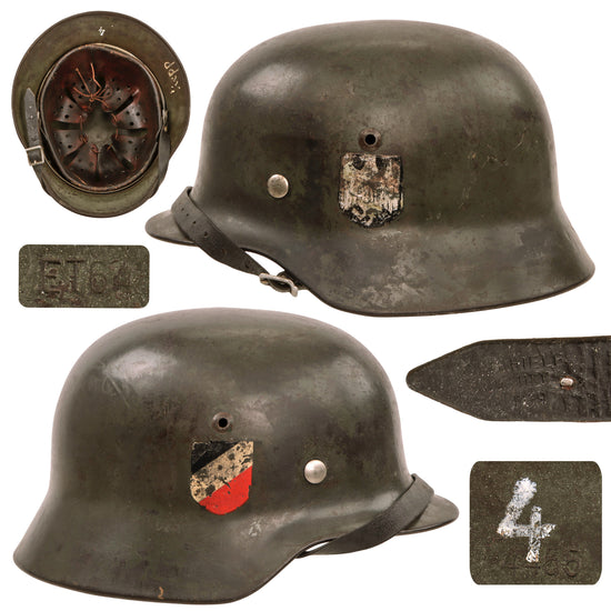 Original German WWII Heer Army M35 Double Decal Helmet with 1939 Dated 57cm Liner and Chinstrap - Stamped ET64 Original Items