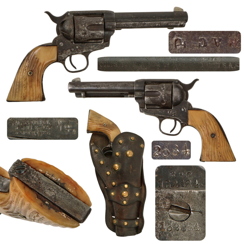 Original U.S. Surcharged Colt .45cal Single Action Army SAA Revolver Made in 1890 with 5" Barrel, Carved Bone Grips, and Tooled Leather Holster - Matching Serial 132684 Original Items