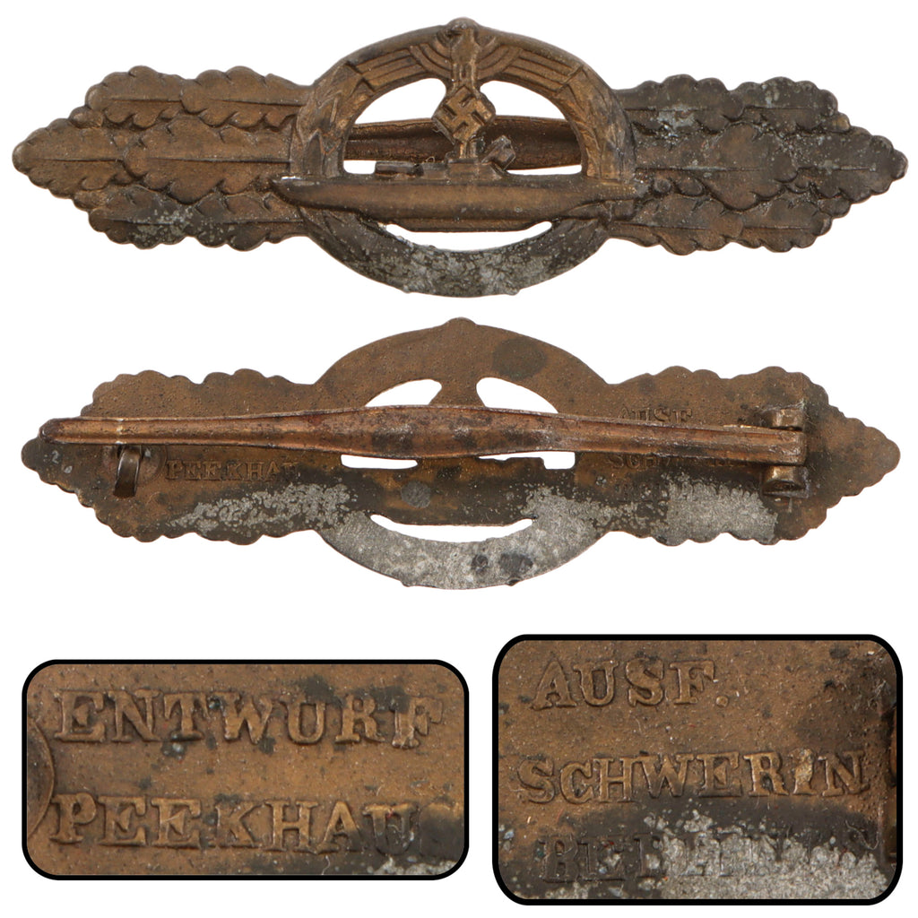 Original German WWII Kriegsmarine Bronze Grade U-Boat Front Clasp by Schwerin of Berlin, U-Boot-Frontspange
