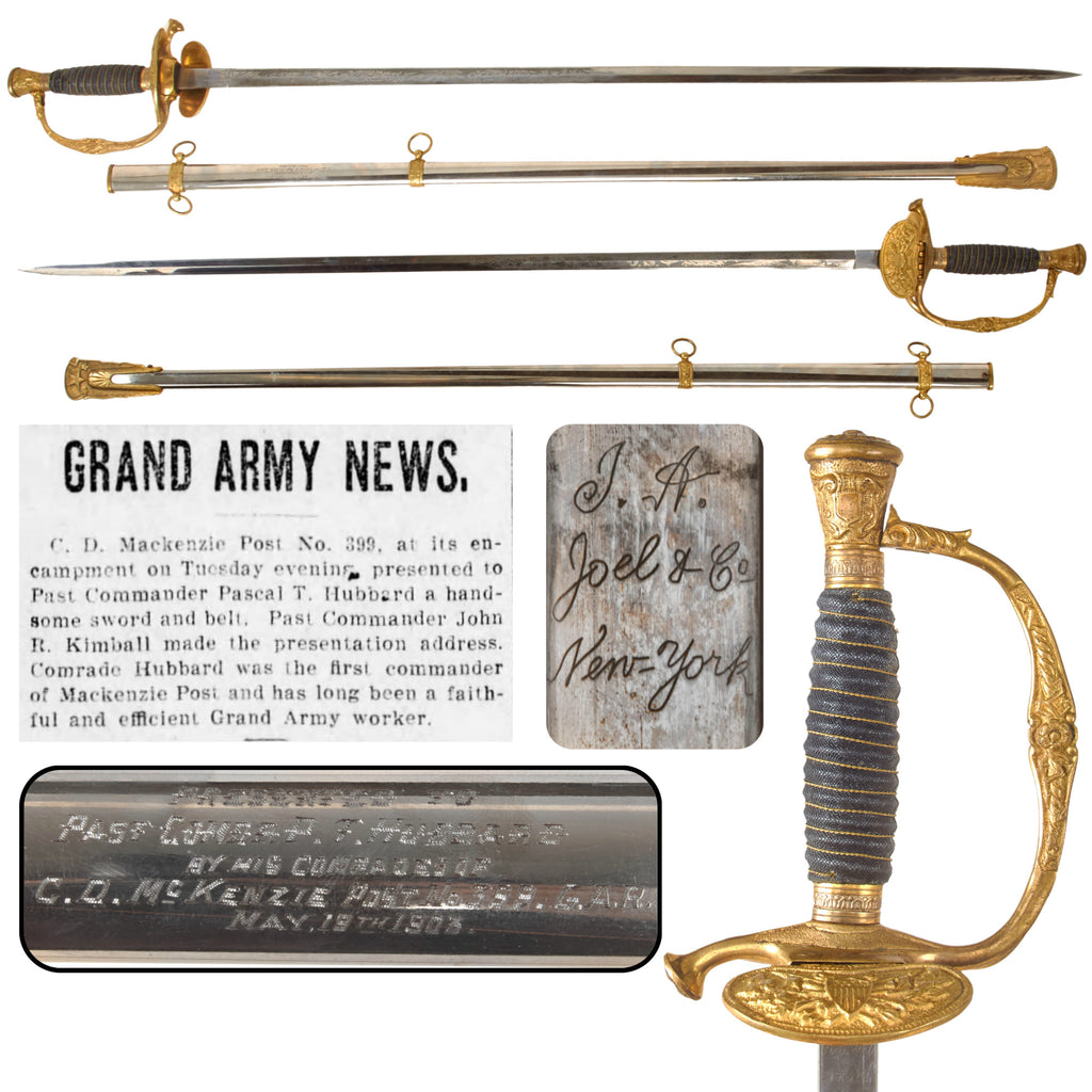 Original U.S. Grand Army of the Republic Post 399 Civil War Model 1860 Army Staff and Field Officer Sword Presented to Commander Pascal T. Hubbard in 1903 with Scabbard
