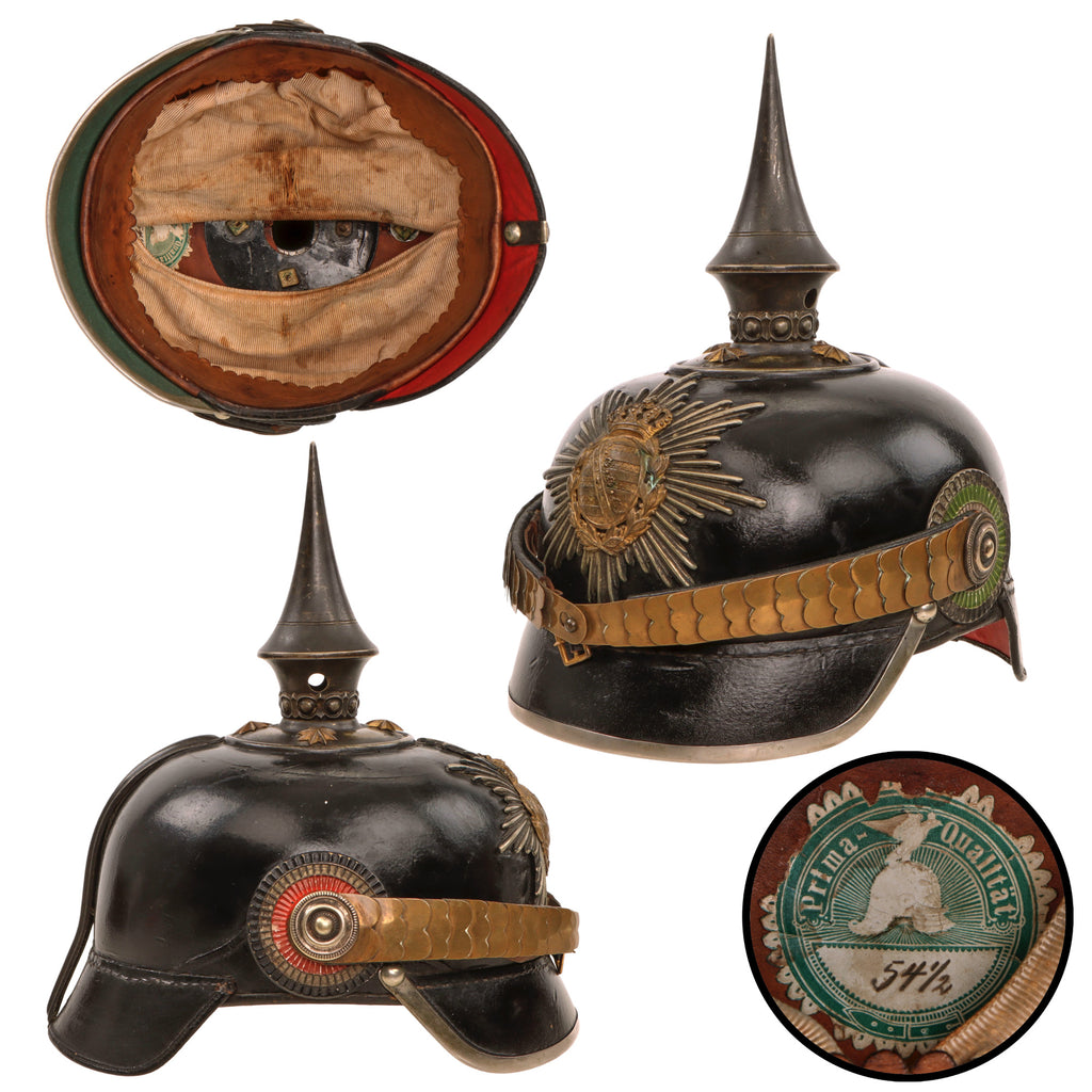 Original Imperial German WWI Kingdom of Saxony Infantry Officer’s Model 1897 Pickelhaube Helmet with Officer’s Cockades & Chinscales Original Items