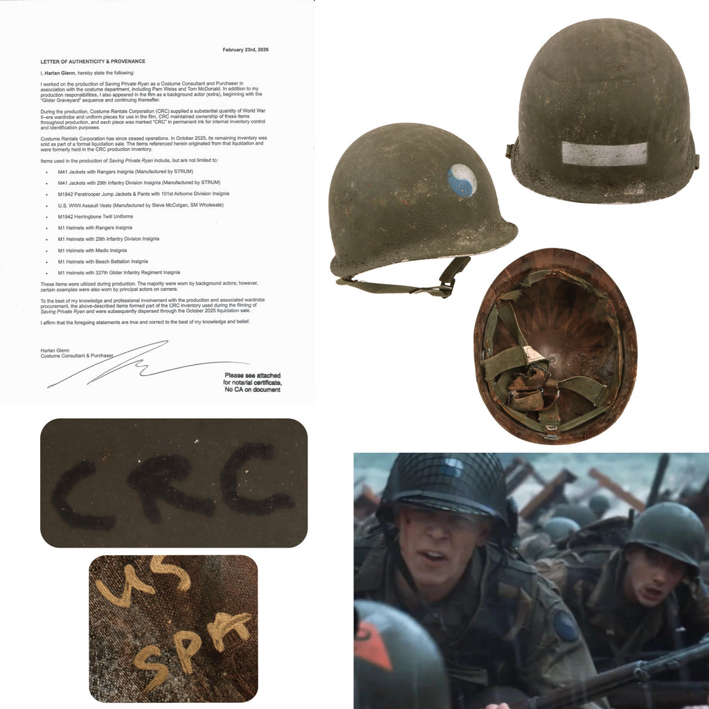 Original U.S. M1 Helmet Used in Saving Private Ryan with Horizontal ‘Follow Me’ Bar – 29th Infantry Division – With Copy of Notarized Letter of Authenticity Original Items