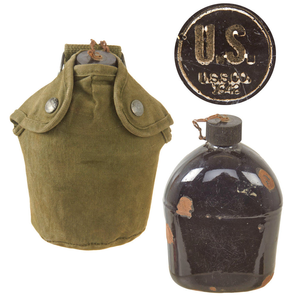 Original U.S. WWII Named 1st Pattern USMC Canteen Cover with Durasnaps and Black Porcelainized Canteen