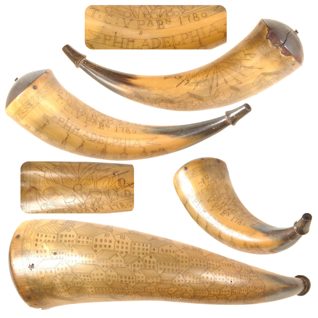 Original American Revolutionary War Volunteer Pennsylvania Battalion Scrimshaw Powder Horn with Scene of Philadelphia & Cacophany of Arms - Dated 1780 - Outstanding Original Items