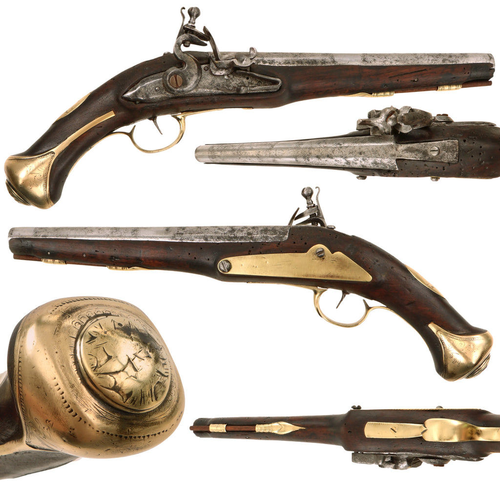 Original 19th Century Ottoman .61 Caliber Short Flintlock Holster Pistol with Engraved Brass Butt Cap