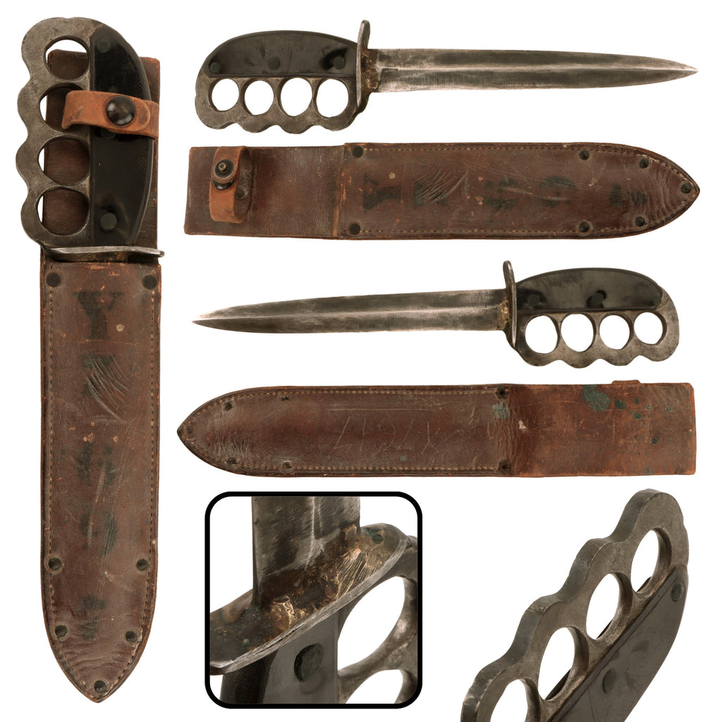 Original U.S. WWII Theater-Made Fighting Knife with Bakelite Grip & Sheath with G.I.’s Stenciled Laundry Number Original Items
