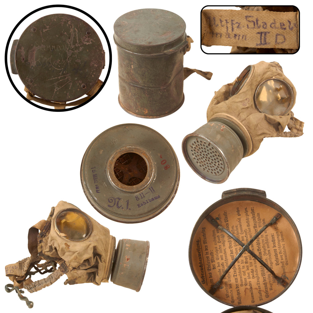 Original Imperial German WWI Named Gummimaske GM-15 Rubberized Gas Mask with March 1917 Dated Filter & Canister with Straps - Excellent