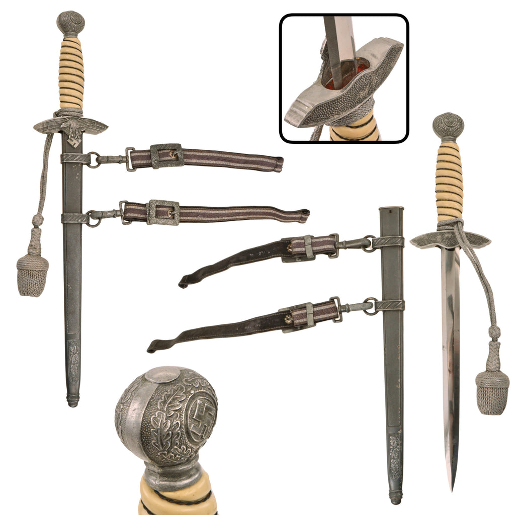 Original German WWII 2nd Model Luftwaffe Dagger with Unmarked Blade, Scabbard, Partial Hanger, and Portepee