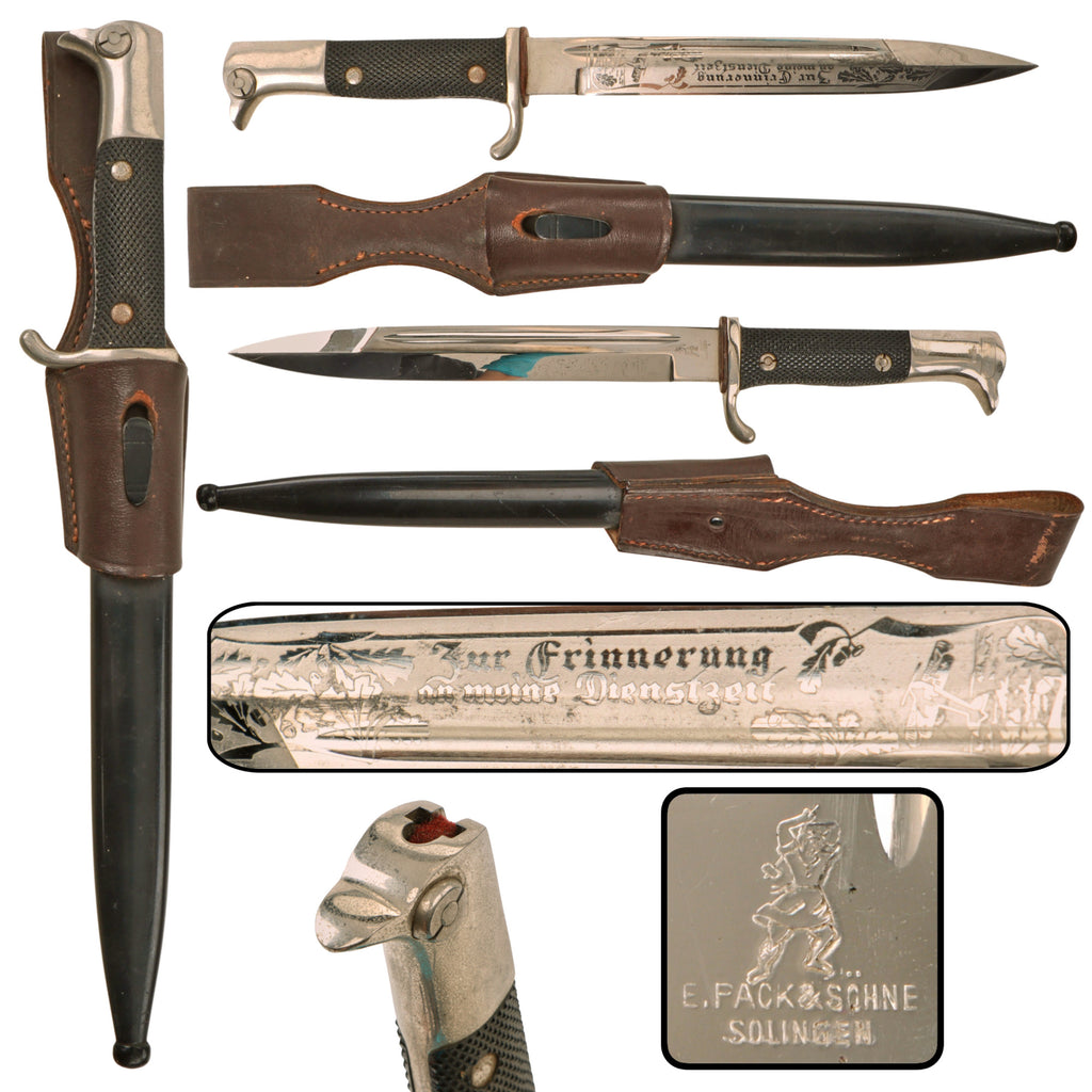 Original German WWII Luftwaffe Single Etched 98k Short Dress Bayonet by Ernst Pack & Söhne with Scabbard and Frog
