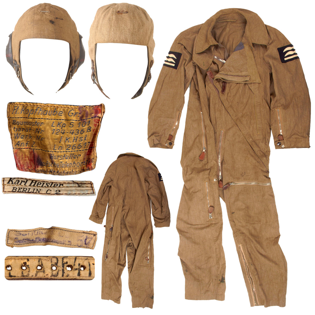 Original German WWII Luftwaffe Oberleutnant’s Summer Flying Suit by Ernst Rihm of Berlin & Two Flight Helmets