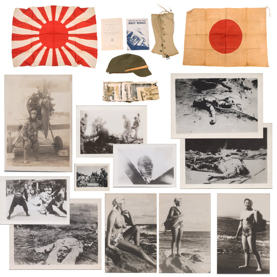 Original U.S. WWII Japanese Flag, Forage Cap, & Photograph Bringback Grouping with Macabre Photographs - Rising Sun & Meatball Flags Original Items