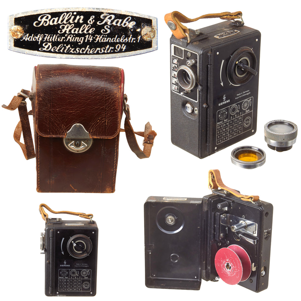 Original German WWII Siemens R8 Movie Camera in Original Carry Case with Adolf H Street Address on Retailer’s Plaque - Excellent Original Items