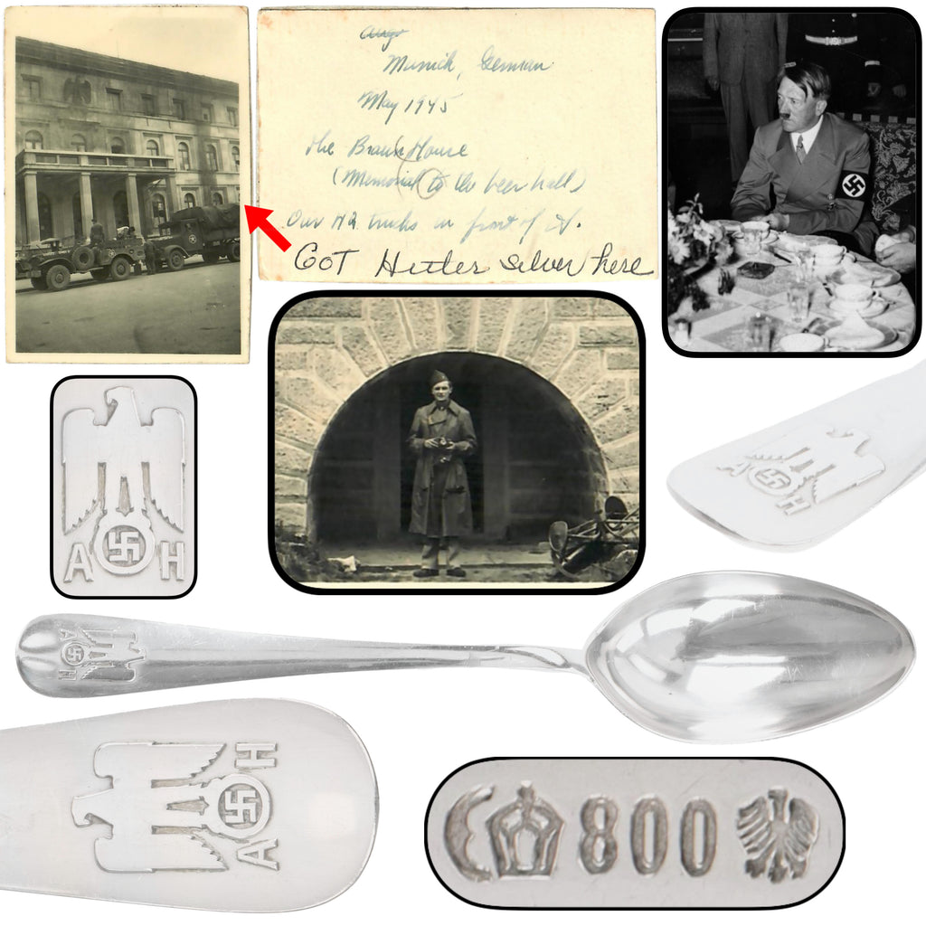 Original German WWII May 1945 Munich Führerbau Recovered AH “Informal Pattern” .800 Silver Serving Spoon by Bruckmann & Söhne with Notarized Provenance from Captain Abraham Epstein - 1269th Engineer Combat Battalion
