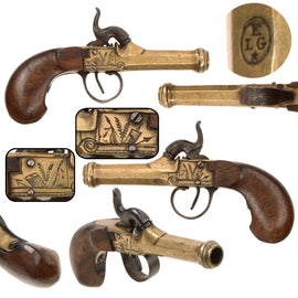Original Victorian Era Belgian Brass Percussion Pocket Pistol with Bag Grip & Liège Proof - Circa 1845