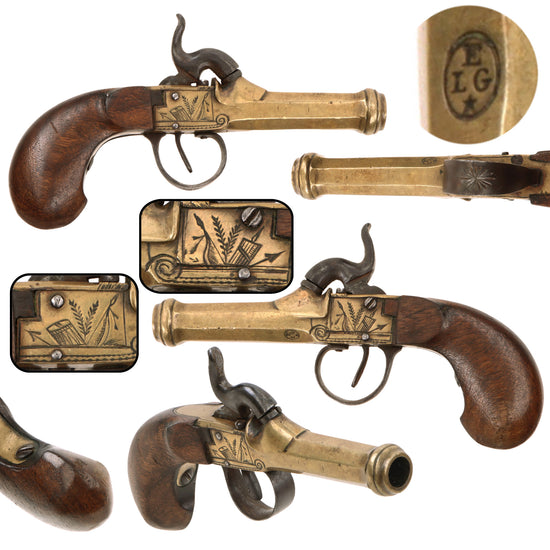 Original Victorian Era Belgian Brass Percussion Pocket Pistol with Bag Grip & Liège Proof - Circa 1845