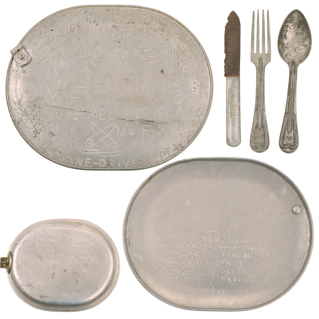 Original U.S. WWI 124th Field Artillery 33rd Division Engraved M1910 Mess Kit Trench Art with “Monkey Meat” “Corned Willy” Army Chow List & Travel Diary - Christian L. Hansen Original Items