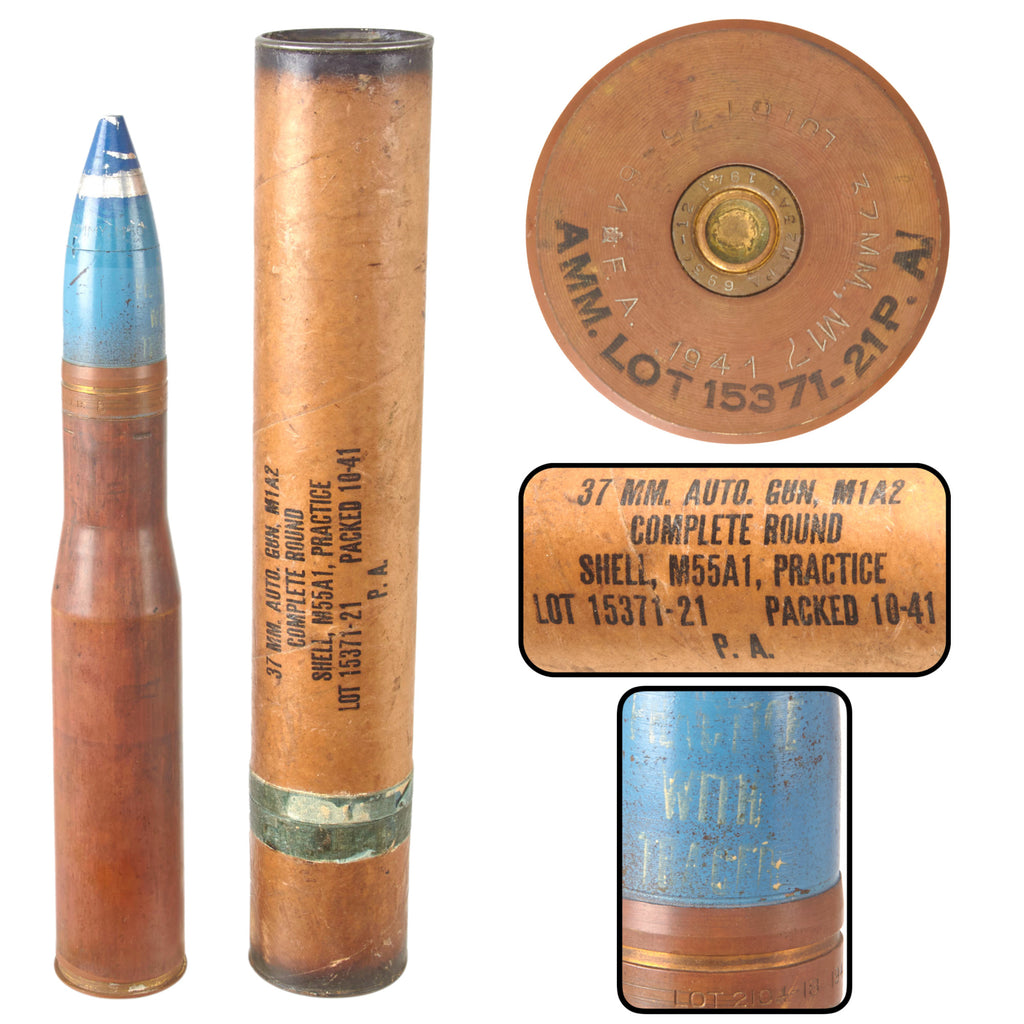 Original U.S. WWII Inert 1942-Dated 37mm M55A1 Practice Round With M50 Dummy Fuze and Matching Numbered Cardboard Tube