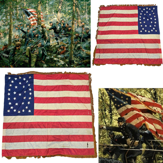 Original U.S. Civil War Handsewn Silk Regulation Size 34-Star Infantry National Regimental Colors Flag with Oil-Painted Stars - Needs Museum-Grade Framing - 73 x 77” Original Items