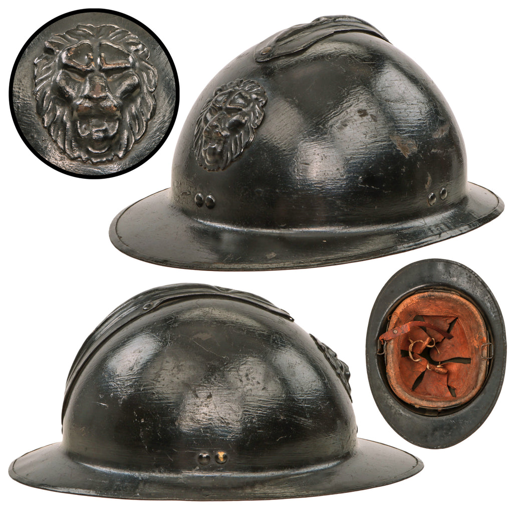Original Belgian WWII Model 1931 Adrian Helmet with Belgian Lion Badge & Liner - Black Repaint Original Items