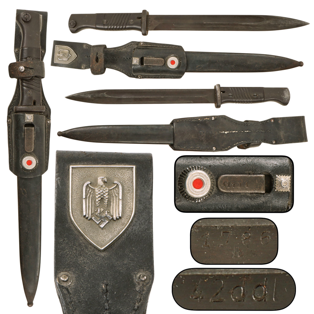 Original German WWII 1942 Dated SG 84/98 III 98k Bayonet by Josua Corts Sohn, Serial No. 1786 n, with VZ24 Scabbard and USGI Decorated Leather Frog