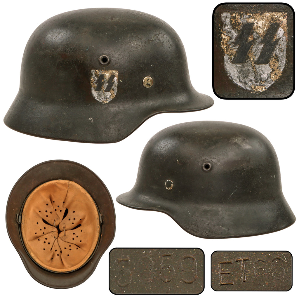 Original German WWII Waffen-SS Single Decal M40 Steel Helmet with Touched Up SS Decal, 1943 Dated 59cm Liner, Stamped ET66, Lot No. 5059