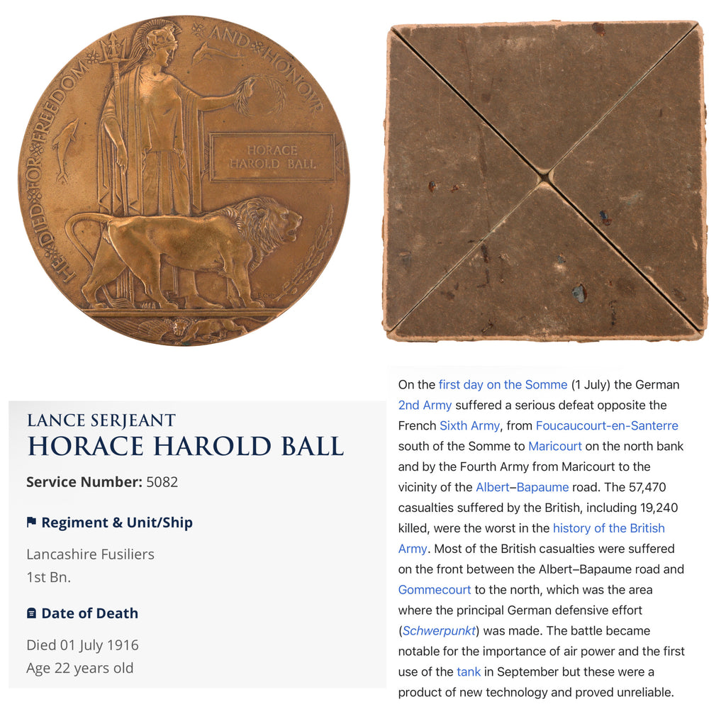 Original British WWI “Bloodiest Single Day in the History of the British Army” Battle of the Somme KIA Death Penny Soldier Memorial in Original Issue Cover - Horace Harold Ball - 1st Lancashire Fusiliers Original Items