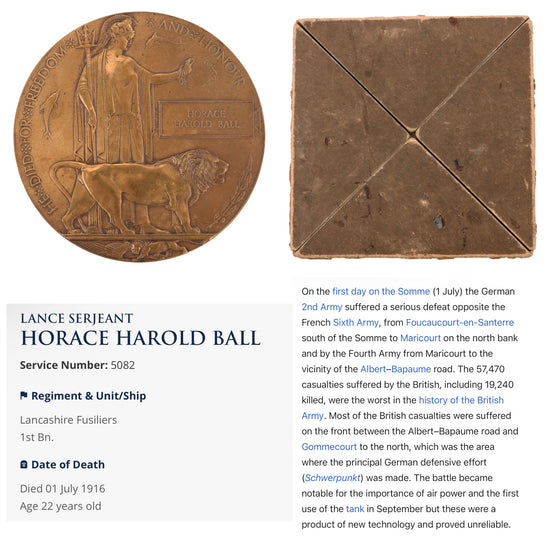 Original British WWI “Bloodiest Single Day in the History of the British Army” Battle of the Somme KIA Death Penny Soldier Memorial in Original Issue Cover - Horace Harold Ball - 1st Lancashire Fusiliers Original Items