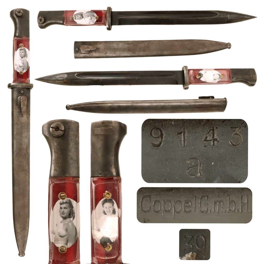 Original German WWII 98k 1939-Dated Bayonet by Alexander Coppel with US Soldier Custom “Sweetheart” Pin-Up Girl Plexiglass Grips & Scabbard Original Items
