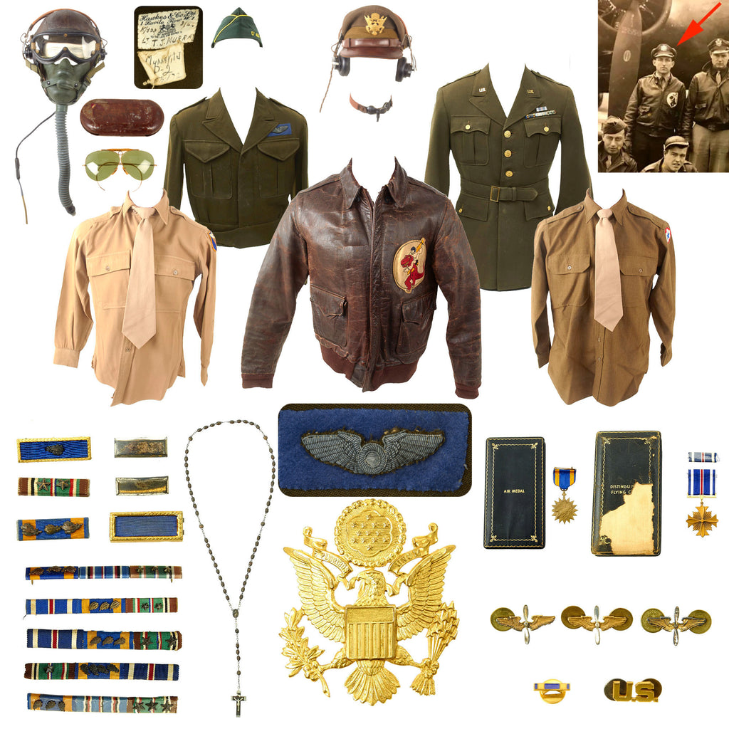 Original U.S. WWII Named Distinguished Flying Cross Recipient Navigator 327th Bomb Squadron Patched A2 Jacket & Uniform Grouping - Thomas Joseph Murray Original Items