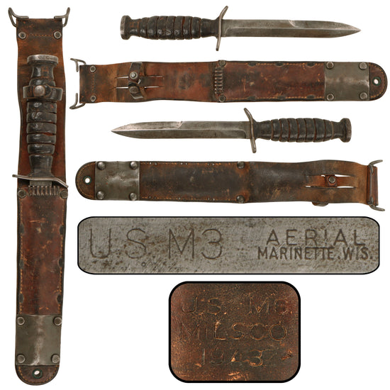 Original U.S. WWII Scarce M3 Fighting Knife Blade Marked by Aerial Cutlery with 1943 Dated M6 Scabbard by MILSCO Original Items