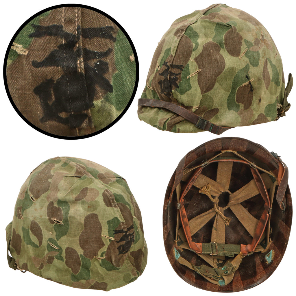 Original U.S. WWII USMC Front Seam Swivel Bale M1 Helmet with Westinghouse Liner and 2nd Pattern USMC Camouflage “Frogskin” Cover with Hand-Painted EGA Original Items