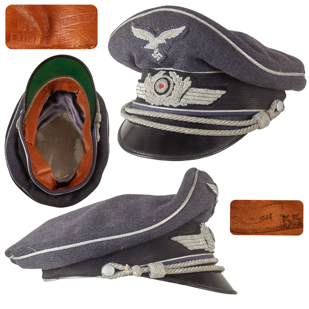 Original German WWII Luftwaffe Officer Schirmmütze Visor Cap with Embroidered Bullion Insignia in 55cm - Erel Marked 1944 Dated Sweatband Original Items