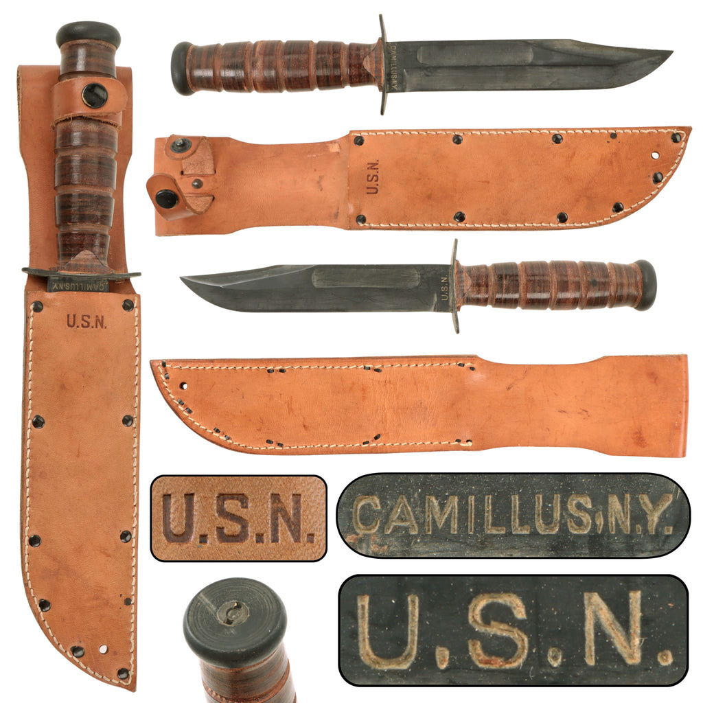 Original U.S. WWII Navy Mk. II KA-BAR Blade-Marked Fighting Knife by Camillus with U.S.N. Marked Sheath - Excellent