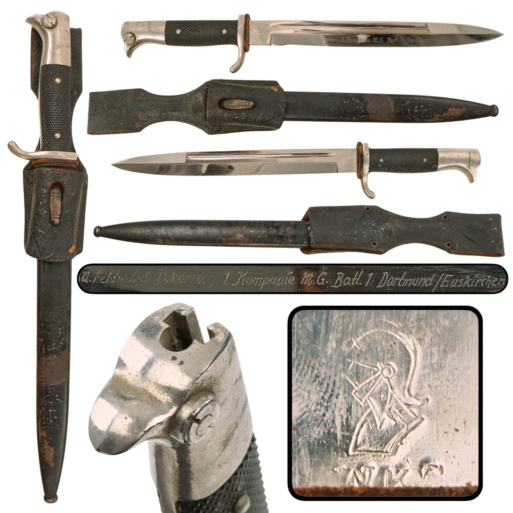 Original German WWII Heer Long 98k Dress Bayonet by WKC Waffenfabrik with Named Engraved Blade, Scabbard and Dress Frog