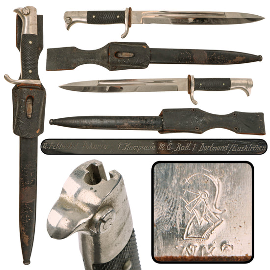Original German WWII Heer Long 98k Dress Bayonet by WKC Waffenfabrik with Named Engraved Blade, Scabbard and Dress Frog