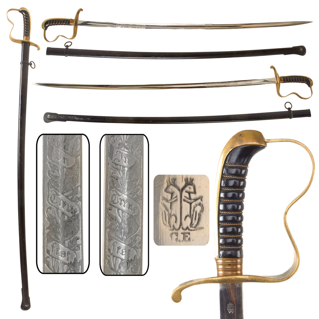Original German WWI Bavarian Infantry NCO Etched Dove’s Head Sword with Nickel-Plated Blade and Scabbard by Carl Eickhorn