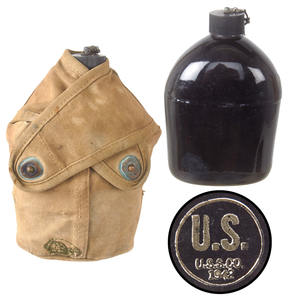 Original U.S. WWII Rare M1942 Black Porcelain Enamel Canteen in 3rd Pattern USMC Carrier