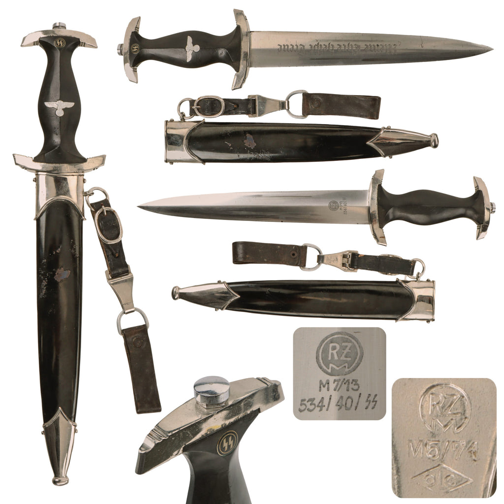 Original German WWII Model 1933 SS Dagger by Artur Schüttelhöfer & Co. of Solingen with Scabbard, Hanger, and Belt Loop - RZM M7/13 534 / 40 / ᛋᛋ Original Items