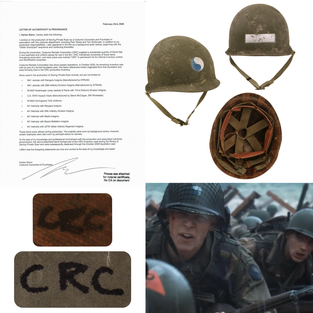 Original U.S. M1 Helmet Used in Saving Private Ryan with Horizontal ‘Follow Me’ Bar – 29th Infantry Division – With Copy of Notarized Letter of Authenticity Original Items